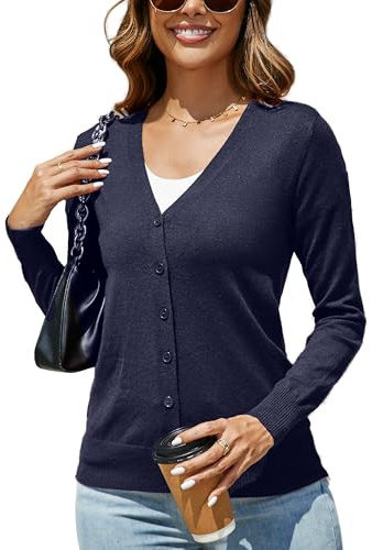 Dosieyeo - Chaqueta de punto de manga larga para mujer, con cuello en V, cardigan largo con botones, chaqueta de punto fino y suave para otoño, azul marino, XXL