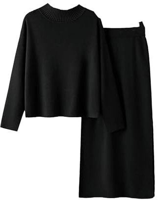 2 Stück Anzüge für Damen, lockere, warme Pullover + geteilter langer Rock, Winter, lässiges Strickset, Schwarz , Einheitsgröße