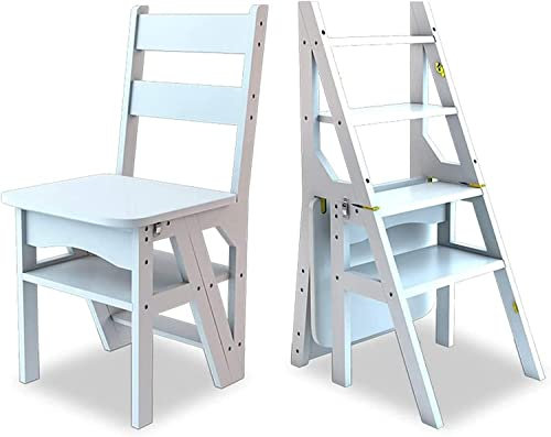 Telescopic Straight Ladder with Wood Chair 2 in 1 Folding Step Ladder for Adults 4 Steps Indoor Portable Shoe Bench/Flower Rack Stabilizer.