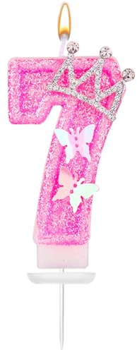XIHIRCD Vela Cumpleaños Rosa con Número 7, Mariposa y Diamantes Imitación, Incluye Bandeja y Palo