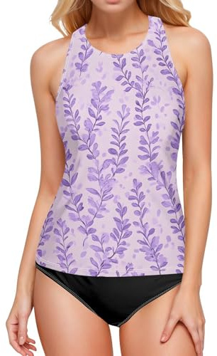 Tankini top leopardato rosa backless costumi da bagno collo alto costume da bagno top per le donne, Viola Floreale Morbido, XL