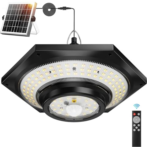FabStyl Solarleuchte für Innen/Außen/Garten, 4000 lm Solar-Pendelleuchte mit 228 LEDs, 3 Farbtemperaturen, mit Fernbedienung und Bewegungssensoren für Pavillon/Garage