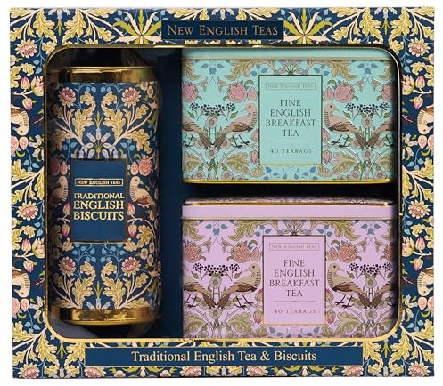 New English Teas Traditional Tea & Biscuits Gift Set - 80 Fine English Breakfast Teabags & 200g Cornish Biscuits in Ornate Collectible Tins - Elegant Luxury Tea Gift Hamper