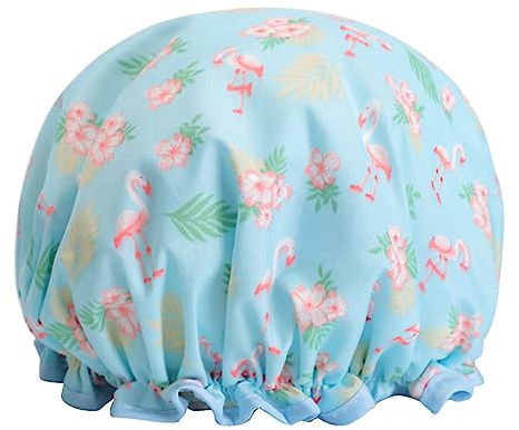 EXQUIMEUBLE Duschhut Doppellagig Olivgrün Mit Flamingo Motiv Für Damen Küche Und Dusche Faltbar Ölbeständig Badehaube Fürs Haar