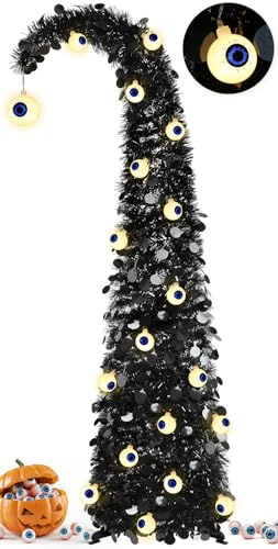 5FT Halloween Weihnachtsbaum mit 30 Augenlichtern, Pop-up Weihnachtsbaum | 8 Modi, Halloween Augapfel-Lichterkette, Faltbar Weihnachtsbaum mit Beleuchtung, Glitzernder Christbaum, Ideal für Halloween