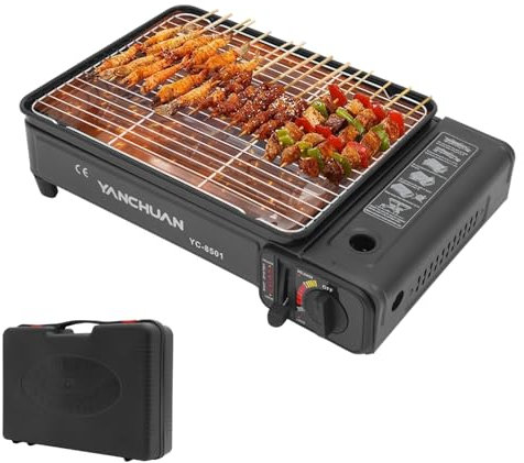 Charocean Petit barbecue à gaz portable de camping avec 2 filets de barbecue, cartouches, mini réchaud à gaz avec plaque de cuisson, cartouches de gaz, petit barbecue pour voyage, trekking