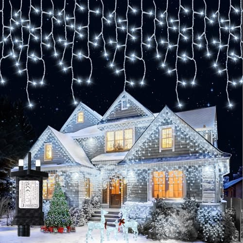 Guirlande Lumineuse Exterieure,12.8+5M 400LED Rideau Lumineux,8 Modes IP65 Étanche Guirlande Noël,Guirlande Lumineuse Rideau avec Minuterie et Fonction Mémoire pour Fenêtre Balcon Jardin-Blanc Froid