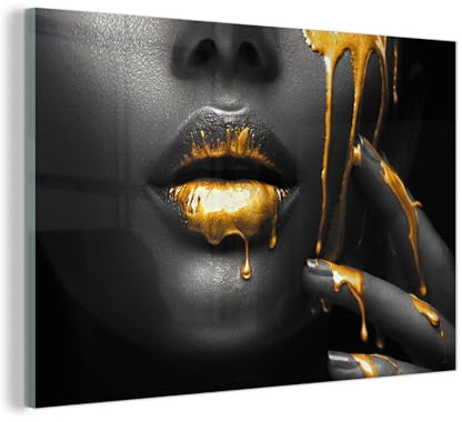 MuchoWow© Glasbilder Deko Schlafzimmer Aesthetic Wohnzimmer Glas Gemälde | 120x80 cm - Foto Geschenk Living Room Decoration Frau - Schwarz - Gold - Gesicht - Lippen