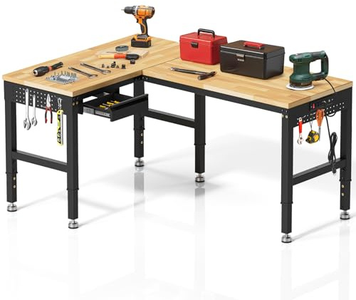 MUWOOD 96”L-Shaped Heavy Duty Work Bench, Heights Adjustable Workbench, 5000 LBS Load Capacity, Work Benches for Garage with Power Outlet & Pegboard, Rubber Wood Work Table for Office, Workshop, Home
