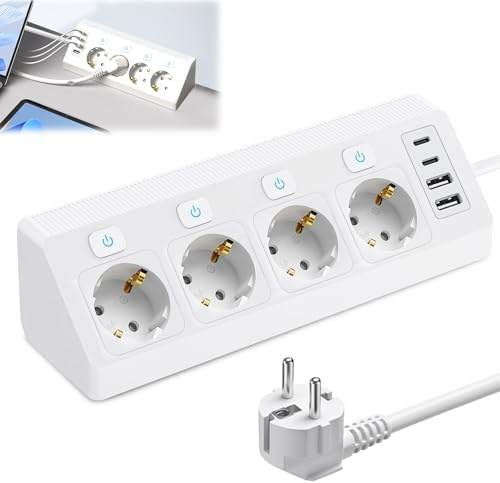Grenuttag med 2 USB och 2 Type-C, 4-vägs hörnuttag med strömbrytare, hörngrenuttag med överspänningsskydd, bordsuttag 2 m kabel, för kök, skrivbord och kontor