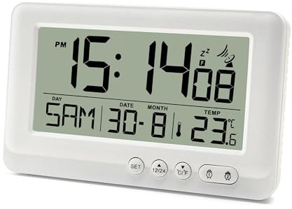 Lafocuse Digitaler Funkwecker mit Nachtlicht, Batteriebetrieben, Snooze, Temperaturanzeige und Kalender, Duale Alarme, 12/24HR für Nachttisch Wohnzimmer Schlafzimmer, Weiß