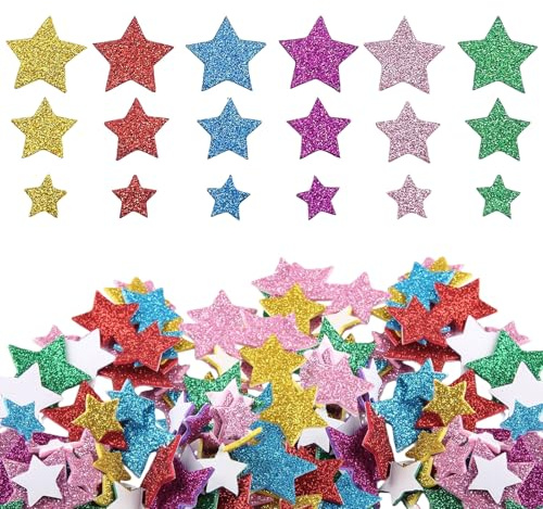 LUMOOM 350 Stück Glitzer Sticker Sterne, Selbstklebende Moosgummi Glitzersticker in 3 Größen & bunten Farben zum Basteln und Dekorieren