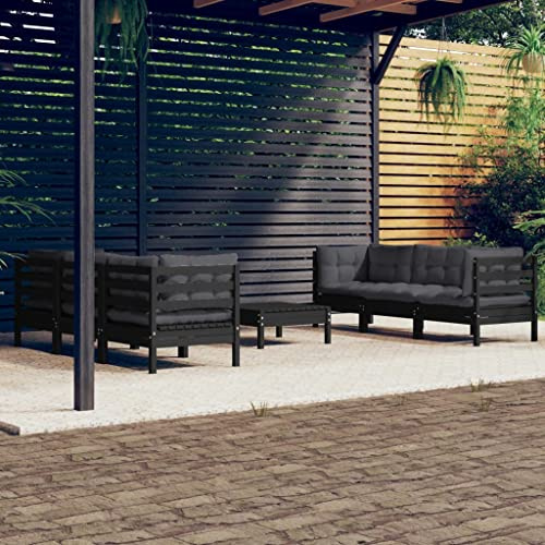 QJBSAVVA 7-TLG. Gartenlounge Set Schwarz Kiefernholz 63,5 x 63,5 x 62,5 cm Modular Outdoor Möbel mit Anthrazit Kissen Robustes Balkonmöbel für Terrasse Garten und kleine Balkone
