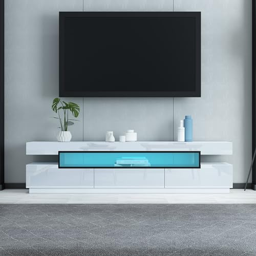 Ikewaier Senvoziii TV Lowboard 160cm Weiß Hochglanz, TV-Schrank mit LED Beleuchtung für Fernseher bis 65-70 Zoll, Modernes Fernsehtisch mit 3 Schubladen, Design Sideboard & Mediamöbel