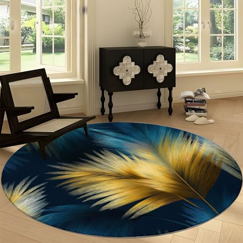 Tappeto Rotondo Lavabile 100 cm per Soggiorno, Tappetino Antiscivolo Resistente Minimalismo Moderno - Tappeto Morbido Piante Foglie di Palma Oro Blu Strisce per Camera da Letto Cameretta Cucina