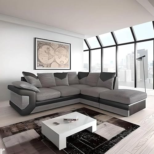 JSB Northwest Ltd | UK Manufactured - New Dino L-Shaped Grey Fabric & Black Leather Sofa | Luxury Living Room Furniture - Easy to Install (Right-Hand Facing)