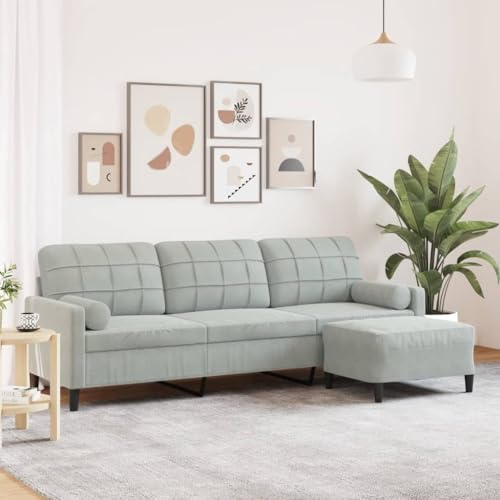 KKgypkn Modernes Sofa in Grau als Dreisitzer Sofa mit Samtbezug für das Wohnzimmer mit integriertem Hocker und Beistelltisch