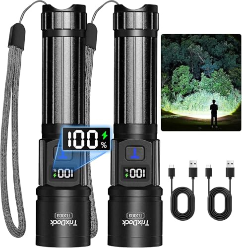 Torch Rechargeable 2 Pack, 5 Modes Zoomable Torches Led , LCD Display | Super Bright LED Torch with Zoom Beam, USB Rechargeable Powerful Torch for Camping, Hiking & Emergency [Energy Class A+++]