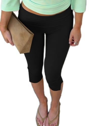 SANSIWU Women's Split Hem Capri Leggings Fold Over Waist Stretch Cropped Pants Casual Yoga Bottoms Active Knee Length Pants
