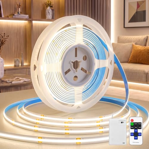 KSIBNW LED Streifen Batterie mit Fernbedienung 3M COB Strip Neutralweiß | LED Streifen Batteriebetrieben Selbstklebend Indirekte Beleuchtung für Küche Vitrinen Treppen Bücherregal (Ohne Batterie)