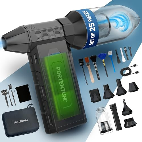 PORTENTUM 3 en 1 Soplador de aire potente 180 km/h – Aspirador coche potente 25 kPa – Linterna LED doble – Set de 25 que incluye 6 boquillas y 13 cepillos – Pistola aire comprimido hasta 115 min