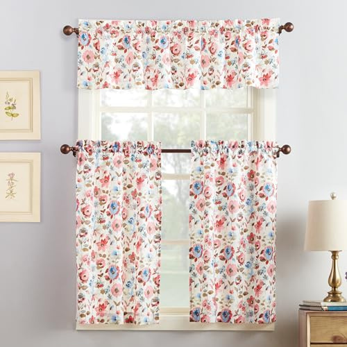 No. 918 Dora Floral Semi-Sheer Rod Pocket Kitchen Curtain Set, 54 x 36, Coral