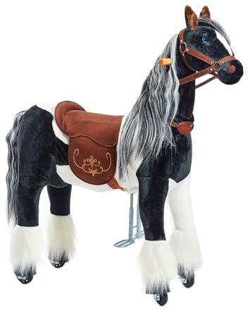 PONNIE Reitpferd mit Rollen Domino M (5-12 Jahre), Spielpferd zum Reiten mit Abnehmbarer Braun Sattel und Halfter mit Zaumzeug, Kämmbare Mähne und Schwanz, Plüschpferd zum Reiten für Kinder