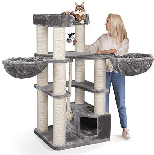 HAPPYPET Kratzbaum für große Katzen 'Oscar' - 161 cm Premium Katzenbaum stabil 47 kg, 12 cm Dicke Stämme für schwere Katzen Maine Coon, 600g Plüsch, geprüftes Holz, Grau