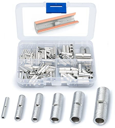 Wirefy 100 PCS Non Insulated Butt Connectors Kit - Butt Splice Connectors - Uninsulated Crimp Wire Connectors - 24-8 AWG
