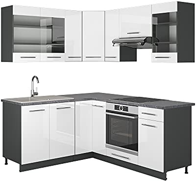Vicco Cuisine en Angle Fame-Line, Blanc Haute Brillance/Anthracite, 190 x 160 cm sans PT, adapté à Une Extension individuelle avec des modules supplémentaires