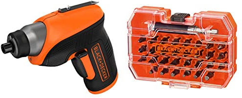 BLACK+DECKER CS3652LC, Atornillador de 3.6 V 5.5 Nm con Cabezal de Ángulo Recto, A7228, Juego de 31 Piezas para Atornillar con Adaptador Magnético