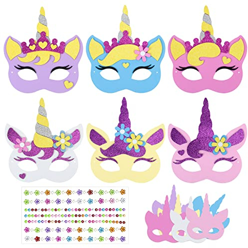 LAMEK 6 Einhorn Masken Bastelsets für Kinder Kreative Kunsthandwerk | DIY Bastelhandwerk mit 6 Moosgummi Schablonen Strasssteine Kreativsets zum Basteln für Geburstag Weihnachten