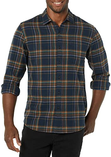 Amazon Essentials Men's Långärmad rutig flanellskjorta smal passform (färger i begränsad upplaga), Brun Mörk marinblå Rutig, L