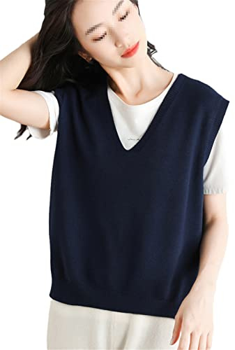 Alloaone Chaleco de suéter para mujer, sin mangas, de cachemira, cuello en V, suelto, de punto, para otoño e invierno, azul marino, M