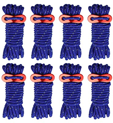 Smithok 8 Pack 4mm Guy Lines Ultralight Tent Cords with Aluminum Adjuster Tensioner Outdoor Camping Guylines Ropes for Tent Tarp,Camping,Hiking Backpacking (Blue)