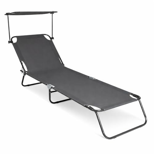 VCM Sonnenliege klappbar | Maße ca. L. 185 x H. 24 x B. 55 cm | Gartenliege faltbar | leicht und kompakt | Liegestuhl mit verstellbarem Sonnendach Grau