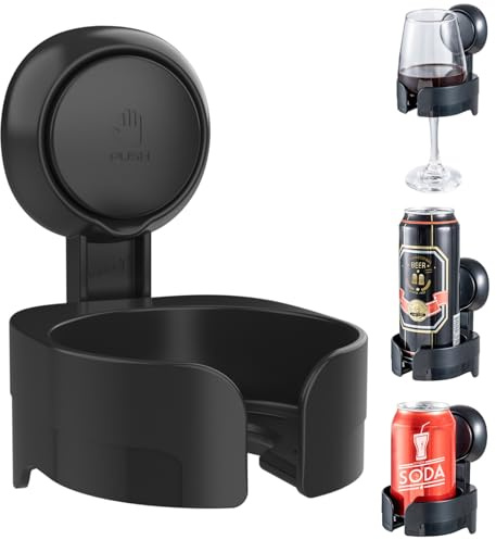 LEVERLOC Wine Glass Holder for Shower, Suction Cup Bathtub Wine Glass Holder for Beer, Wine, Drinks, Portable Wall Mounted Wine Cup Holder for Bathtub, Shower, Kitchen, Waterproof & Removable, Black