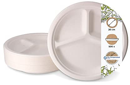 BIOZOYG 500 unidades plato de menú de caña de azúcar con división Ø 26 cm I Contenedor de servicio con compartimentos I Cuencos de menú de bagazo divididos en 3 I Platos compostables