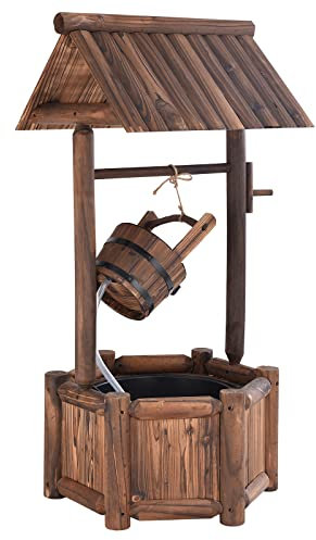 GOPLUS Fuente Jardín Exterior de Madera de Abeto, Pozo Decorativo de Deseos, con Bomba Eléctrica, para Jardín Patio, 58,5×56×117cm, Marrón Rústico