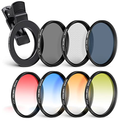 NEEWER 67 mm ND+CPL + Effect Filter Set with Mobile Phone Lens Clamp, ND32/Polarising/6 Point Star/4 Graduated Colour Filters Compatible with 16 15 14 Pro Max Plus 13 12 X Xs Samsung