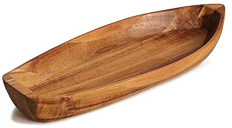 CAMLOT Lucky Boat - Bandeja de servir de madera maciza de acacia para servir postres, frutas, aperitivos y decoración de casa, bandeja para llaves, cuenco decorativo funcional y de almacenamiento (L)