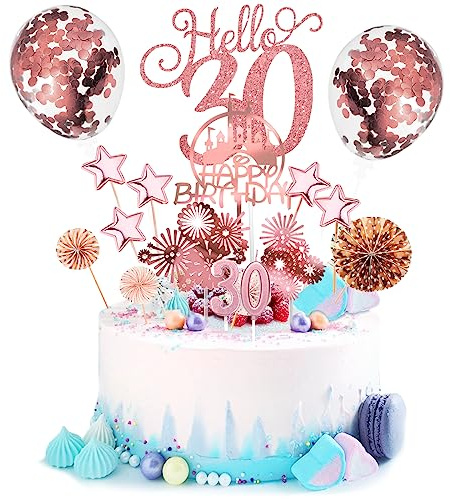 Tortendeko 30. Geburtstag für Frauen und Männer 17 Pcs Teiliges Cake Topper Happy Birthday Kuchendeko Set mit Happy Birthday Dekoration, Kerzen, Sternen, Luftballons und Papierfächer (Rosa Gold)