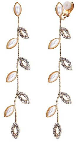 Adramata Orecchini a Clip di Perle Pendenti Lunghi per Donna - Goccia in Argento, da Sposa, Non Piercing