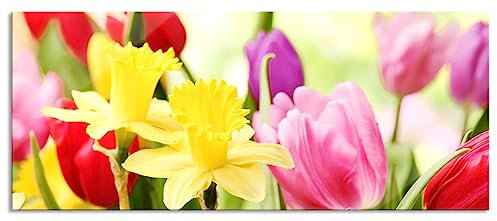 Quadro in vetro panoramico, da parete in vero vetro, campane pasquali e tulipani, 100 x 40 cm, con sospensione e distanziatore