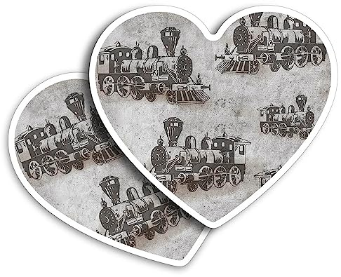 2 pegatinas de vinilo de 10 cm con forma de corazón, diseño retro de tren vintage, para laptop, tableta, equipaje, coche, pared, nevera, puerta, #170913