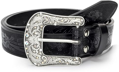 Eohak Western-cintura-per-donna-cowgirl, PU-Pelle-Cinture in vita-con fibbia intagliata-vintage-e punte fine-per jeans pantaloni abiti, Lucido - Nero, Medium