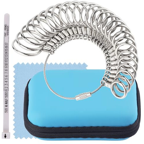 Ring Sizer Measuring Tool Kit,Metal Ring Sizers for Measuring,Finger Size Gauge Measure Tool with Polishing Cloth Blue Storage Box for Jewelry Sizing Measuring