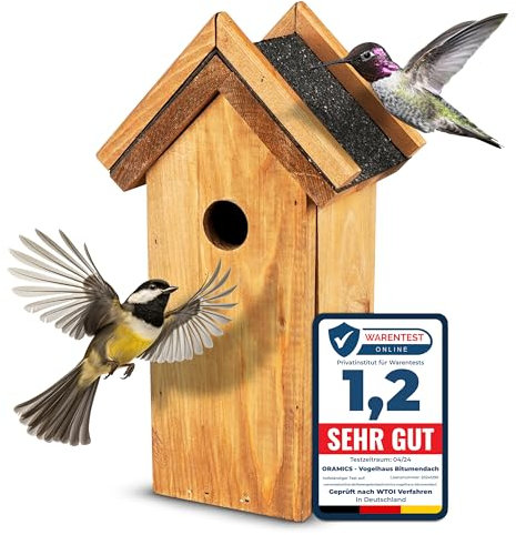 Oramics Nistkasten Vogelhaus mit echtem Bitumen Dach zum Aufhängen – Kiefernholz Vogelhäuschen für Wild- und Gartenvögel – wetterfestes und langlebiges Nisthaus, ideal für Meisen