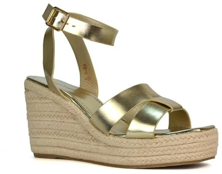Womens Espadrille Wedge Heel Sandals Ladies Ankle Strap Gold Metallic Summer Casual Platform Shoes Size 7