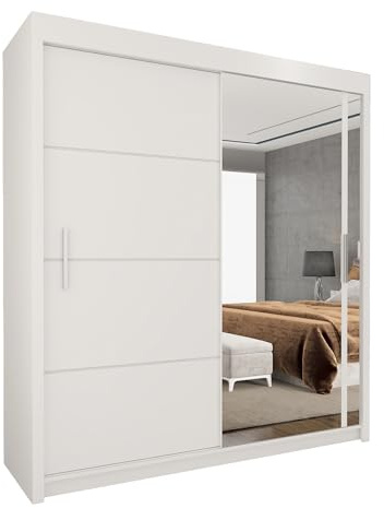 UK SLIDING 2&3 Doors Sliding Door Wardrobe – Sleek Matt Finish with Full Length Mirror, Hanging Rail & Shelves | Strong MDF Bedroom Wardrobe for Bedroom Furniture (White, 180cm)
